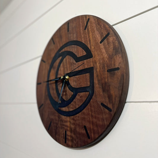 Custom Logo epoxy resin clock, Custom branded solid hardwood clock with tinted epoxy made to order