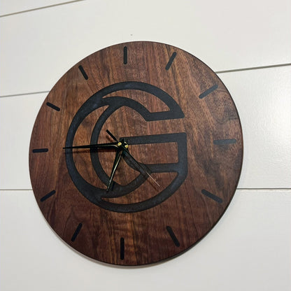 Custom Logo epoxy resin clock, Custom branded solid hardwood clock with tinted epoxy made to order